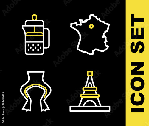 Set line Map of France, Eiffel tower, Frog legs and French press icon. Vector