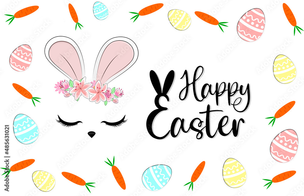 Postcard template easter banner with easter eggs, bunny ears and decorations on white background, vector illustration