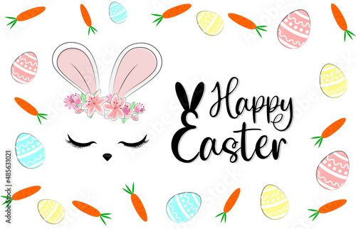 Postcard template easter banner with easter eggs, bunny ears and decorations on white background, vector illustration