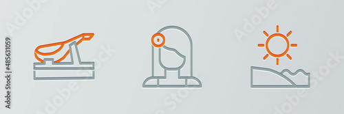 Set line Beach, Spanish jamon and woman icon. Vector