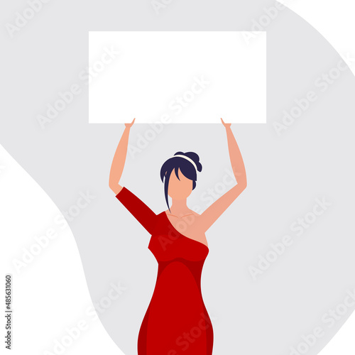 A cute girl is protesting with a banner. The concept of expressing thoughts, dissatisfaction and protests. Flat style. Vector.