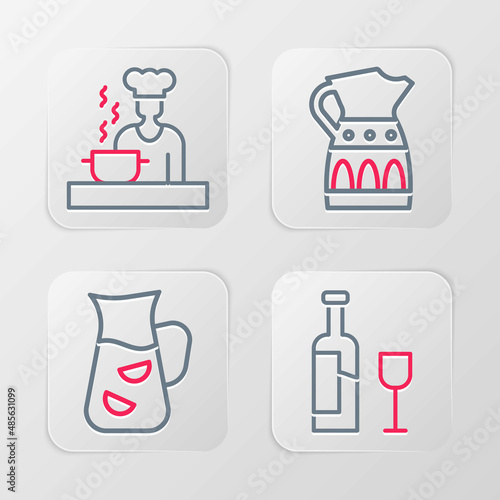 Set line Wine bottle with glass, Sangria, pitcher and Spanish cook icon. Vector