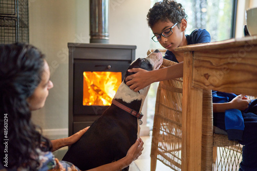 Boy petting dog by fireplace photo