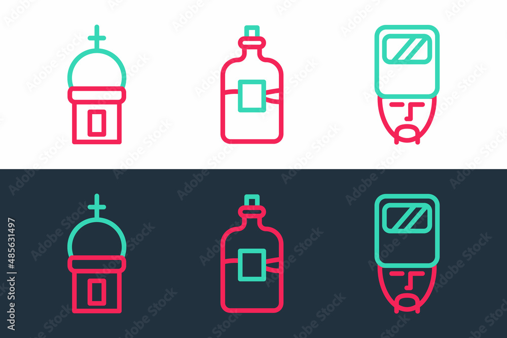 Set line Ukrainian cossack, Church tower and Bottle of vodka icon. Vector Set line Ukrainian cossack, Church tower and Bottle of vodka icon. Vector