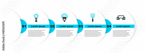 Set line Embroidered towel, Garden pitchfork, Dumplings on and Mace icon. Vector