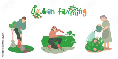 Happy farming, gardening. Watering plants, planting flowers, working in garden.