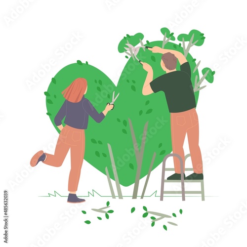Happy family gardening. Love story in a garden. Vector illustration