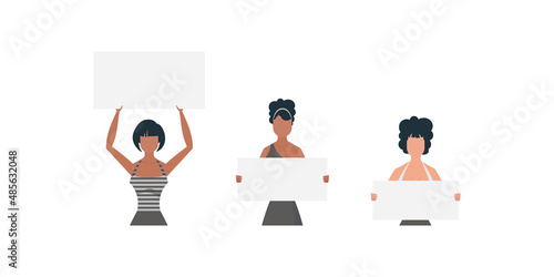 A woman with a banner in her hands. The concept of expressing thoughts, dissatisfaction and protests. Set for banners and designs. Vector.