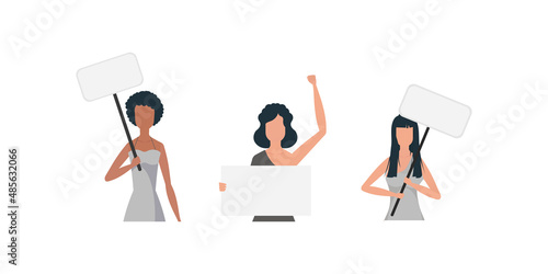 A woman protests with a banner. Protest concept. Set for banners and designs. Vector illustration.