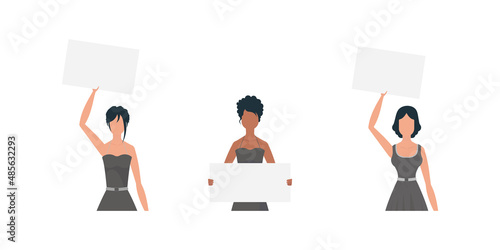 Cute girl with a banner in her hands. The concept of expressing thoughts, dissatisfaction and protests. Set for banners and designs. Vector illustration.