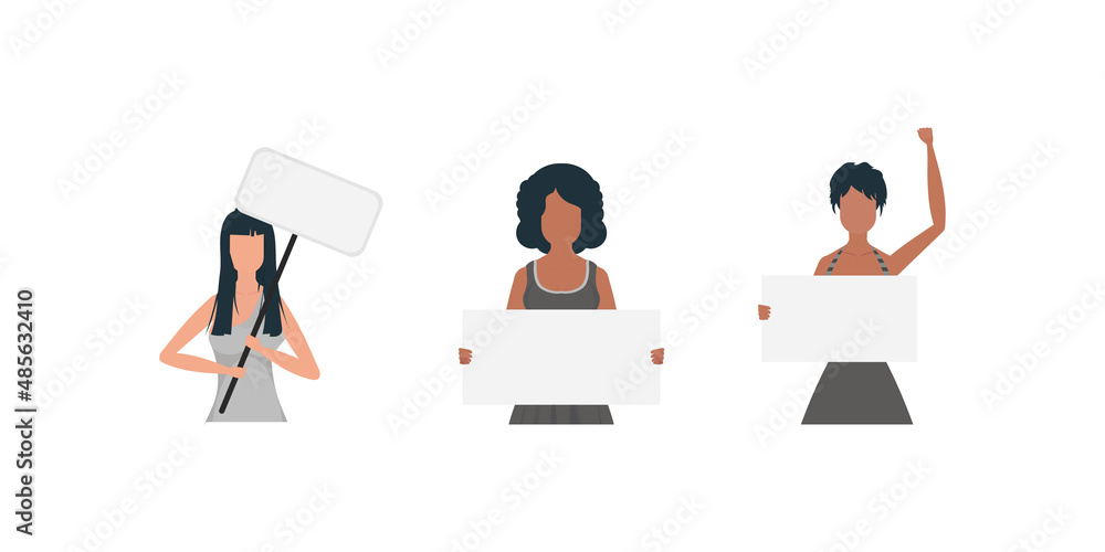 A cute girl is protesting with a banner. Protest concept. Set for banners and designs. Vector. A cute girl is protesting with a banner. Protest concept. Set for banners and designs. Vector.