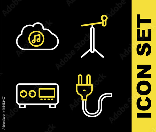 Set line Microphone with stand, Electric plug, Guitar amplifier and Music streaming service icon. Vector