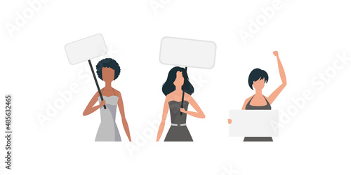A cute girl is protesting with a banner. The concept of expressing thoughts, dissatisfaction and protests. Set for banners and designs. Vector illustration.