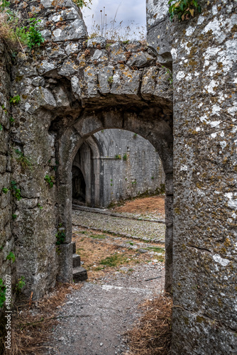 Ancient stone walls with arched passage in Rozafa Castle in Shkoder, Albania. Inner courtyard of a medieval ruined fortress, vertical © ioanna_alexa