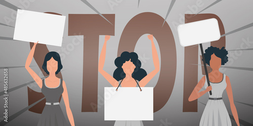 Girls with a banner in their hands against the background of the word STOP. The concept of expressing thoughts, dissatisfaction and protests. Vector.