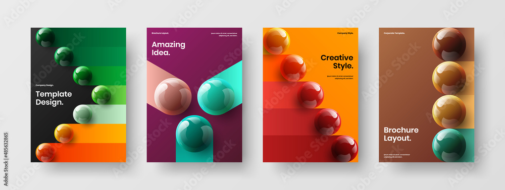 Colorful catalog cover A4 design vector layout composition. Vivid realistic balls company brochure template collection.