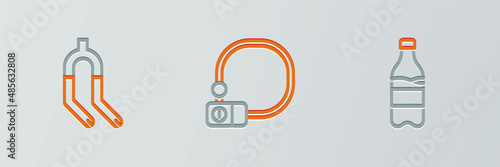 Set line Sport bottle with water, Bicycle fork and lock icon. Vector