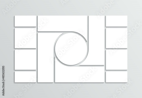 Photo collage template. Moodboard. Mood board background. Mosaic pictures frame. Gallery banner. Minimalist scrapbook layout. Album brandboard. Portfolio images isolated. Vector illustration