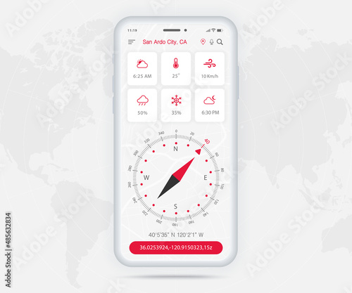 Compass app UI UX GUI concept, Map GPS app on screen  smartphone navigation, Phone interface, application compass for navigator, app map, North West South East navigate technology, Vector illustration