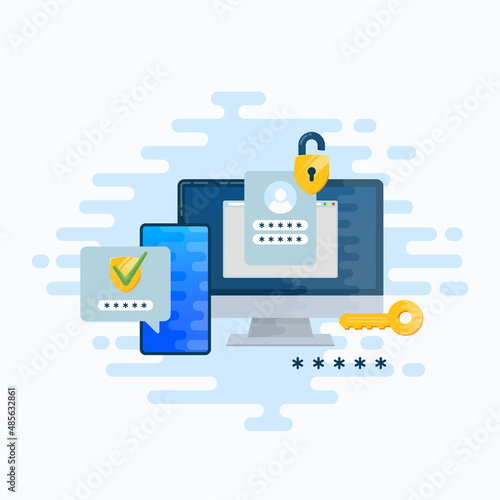 Two factor autentication security illustration. Login confirmation notification with password code message. Smartphone, mobile phone and computer app account shield lock icons Isolated photo