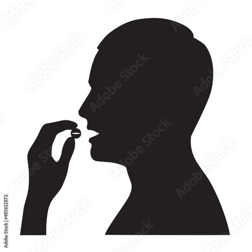 Sick man takes a pill or supplement or vitamin. Vector flat illustration