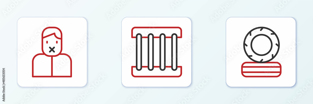 Set line Lying burning tires, Censor and freedom of speech and Prison window icon. Vector Set line Lying burning tires, Censor and freedom of speech and Prison window icon. Vector