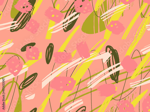 Seamless abstract doodle background pattern in bright summer positive colors. Hand-drawn abstract pattern with randomly arranged spots and dots and lines. Pencil and paint texture.
