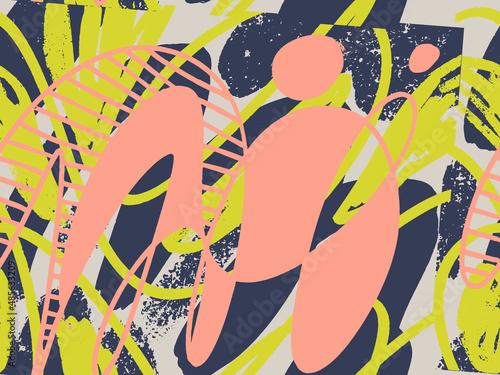 Seamless abstract doodle background pattern in bright summer positive colors. Hand-drawn abstract pattern with randomly arranged spots and dots and lines. Pencil and paint texture.
