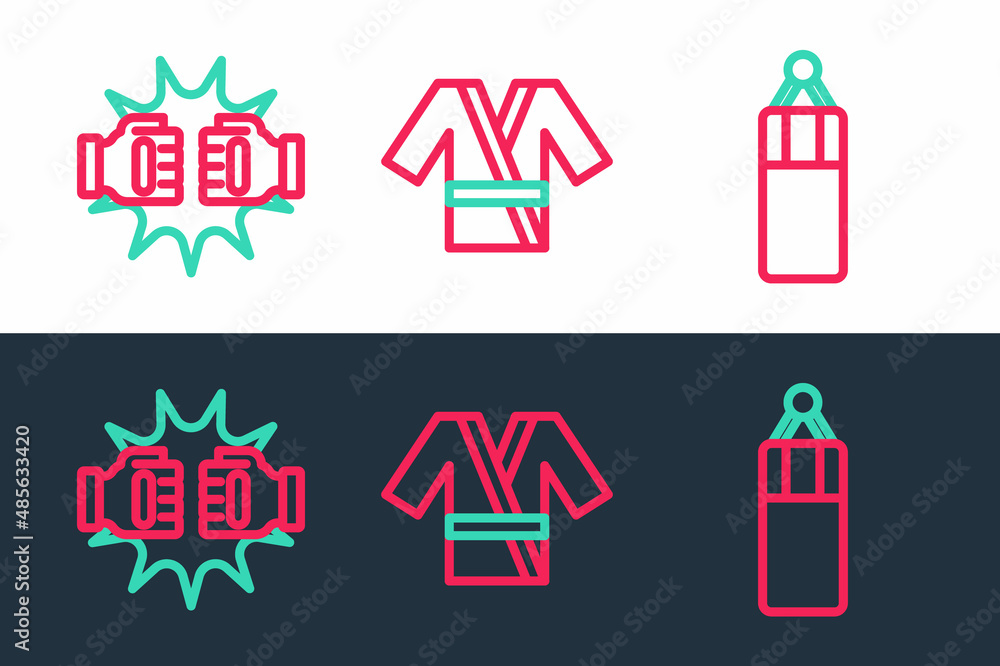 Set line Punching bag, boxing gloves and Japanese costume Kimono icon. Vector Set line Punching bag, boxing gloves and Japanese costume Kimono icon. Vector