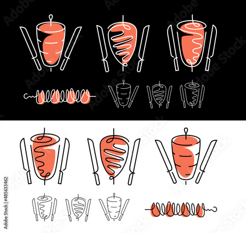 Kebab icon set in linear style. Fast food emblem vector illustration