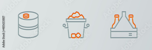 Set line Pack of beer bottles, Metal keg and Ice bucket icon. Vector