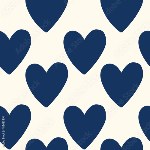 Seamless vector pattern repeat with big hand drawn navy hearts on cream background. Simple cute Valentines day background