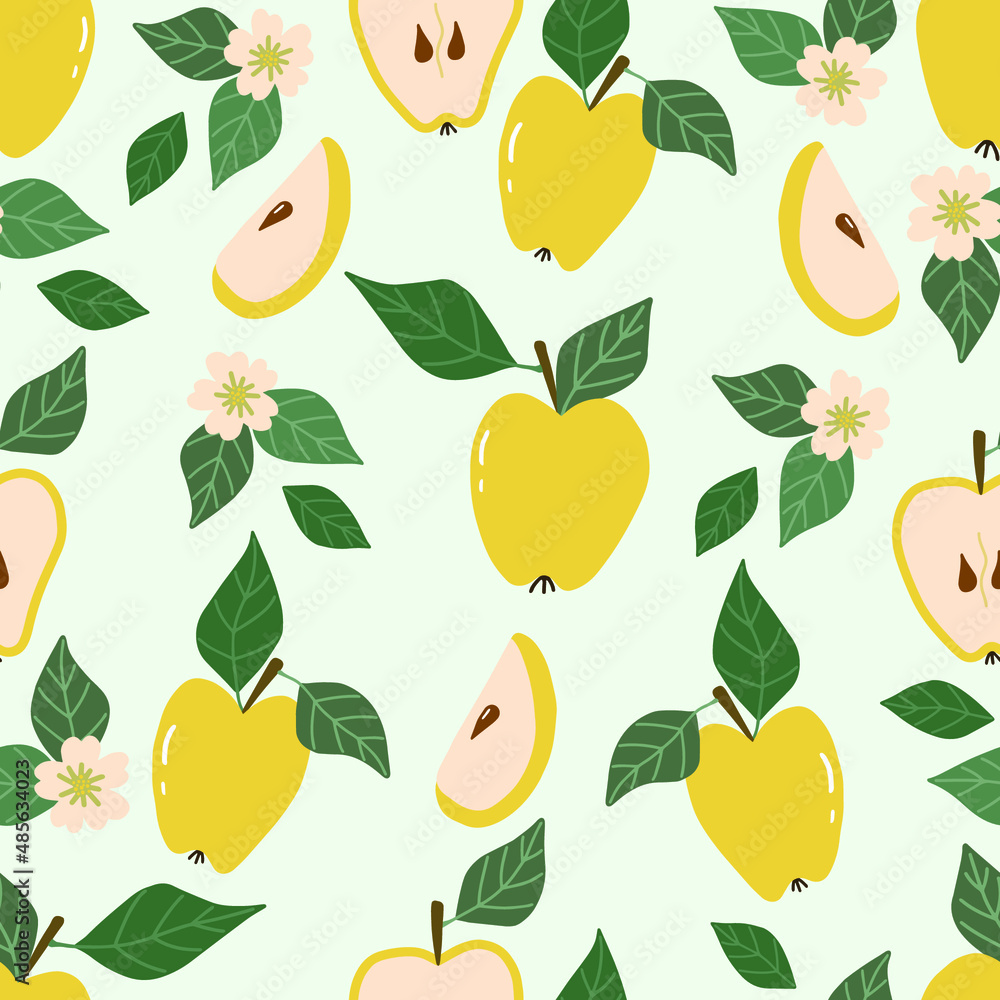 Obraz premium Seamless pattern with yellow apples, green leaves and flowers on a light background. Vector illustration, hand-drawn.