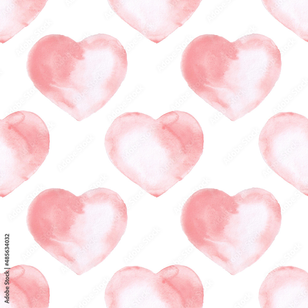Watercolor hearts seamless pattern. Valentines romantic background wallpaper. Wedding wrapping design.