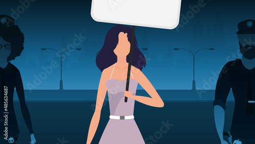 A woman protests with a banner against the backdrop of the city. The concept of expressing thoughts, dissatisfaction and protests. Vector illustration.