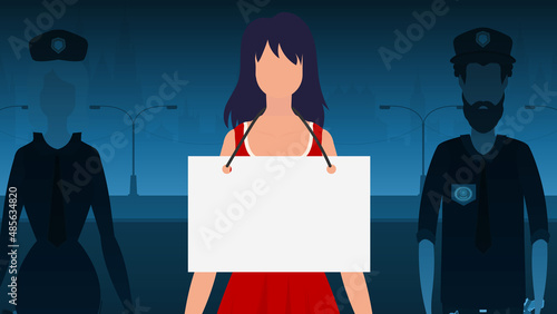 A woman protests with a banner against the backdrop of the city. The concept of expressing thoughts, dissatisfaction and protests. Vector illustration.