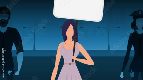 A woman protests with a banner against the backdrop of the city. The concept of expressing thoughts, dissatisfaction and protests. Vector illustration.