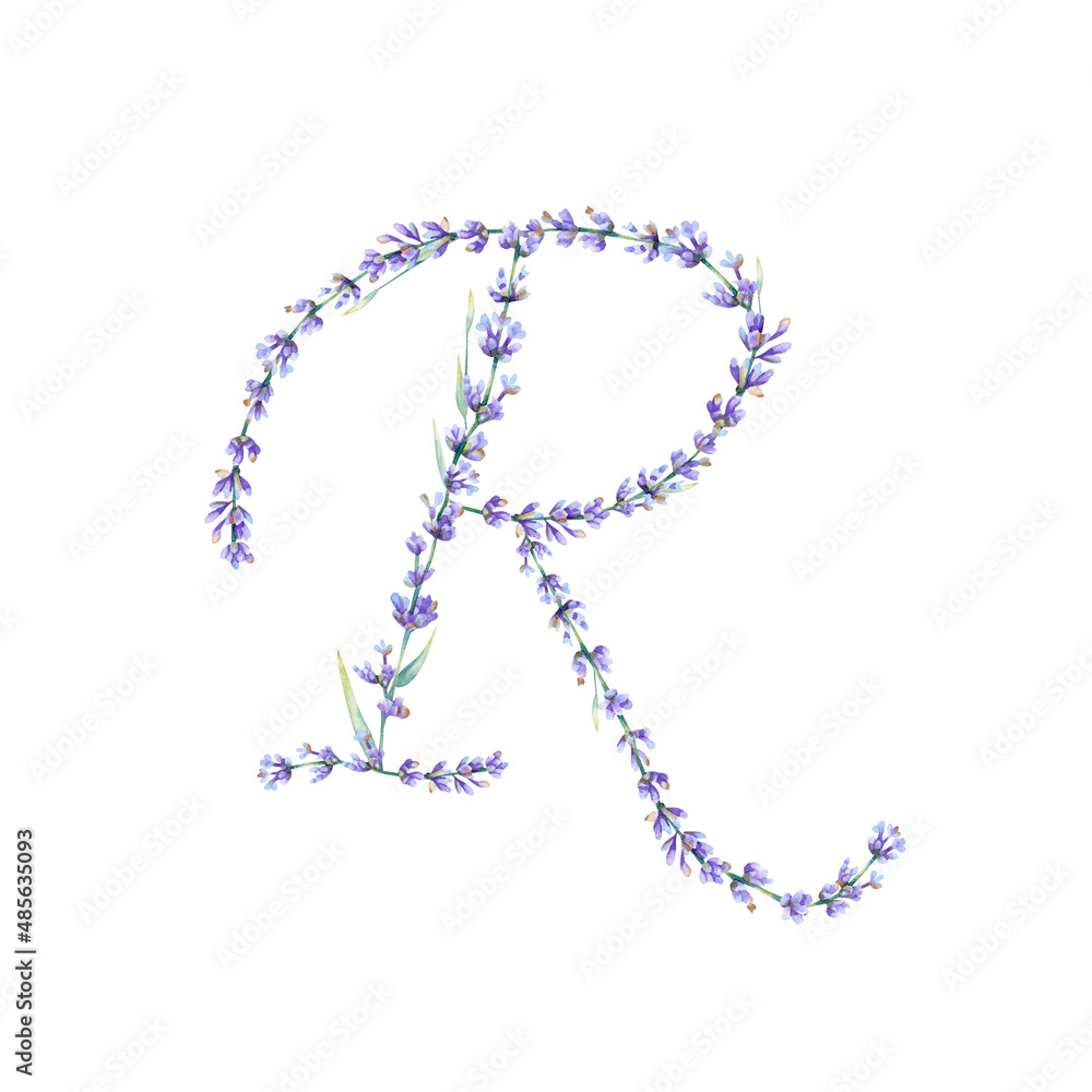 Naklejka premium Floral Letter R. Watercolor hand drawn alphabet letter with botanical illustration of lavender flowers, leaves and branch. Initial letter for logo, greeting cards, invitations