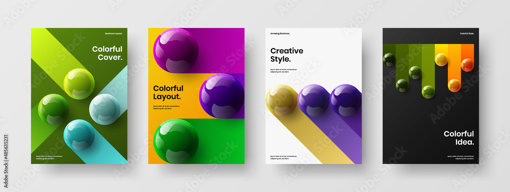 Multicolored book cover design vector concept bundle. Unique 3D spheres flyer template composition.