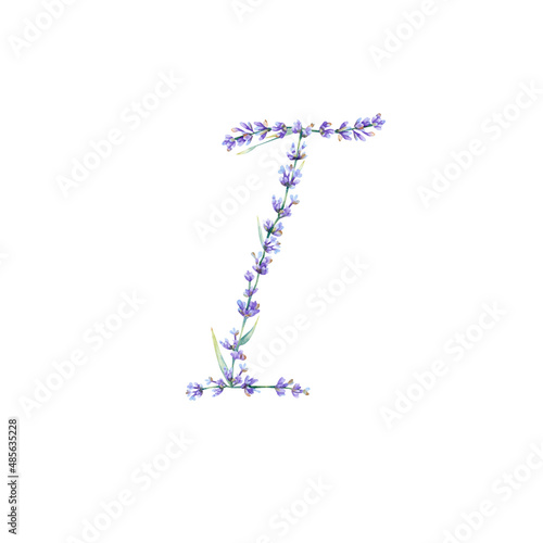 Fototapeta Naklejka Na Ścianę i Meble -  Floral Letter I. Watercolor hand drawn alphabet letter with botanical illustration of lavender flowers, leaves and branch. Initial letter for logo, greeting cards, invitations