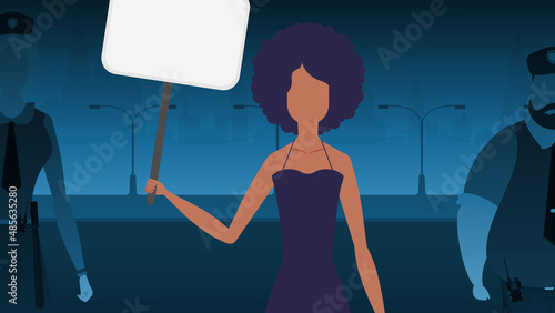 A woman protests with a banner against the backdrop of the city. The concept of expressing thoughts, dissatisfaction and protests. Vector illustration.