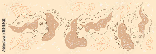 Collection of three sketches of woman faces with developing hair, colored spots and floral elements around. Image for a beauty salon. Vintage beige card, hand-drawn, vector. Fashion illustration