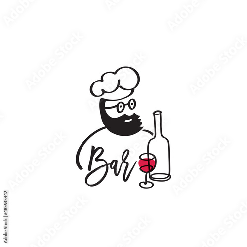 Chief cook in cap or barman with bottle symbol or logo. Restaurant, food concept, hand drawn elements. Vector.