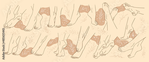 Collection of fourteen sketches of woman's foots, colored spots and floral elements around. Image for a beauty salon. Vintage beige card, hand-drawn, vector. Fashion illustration. Old design.