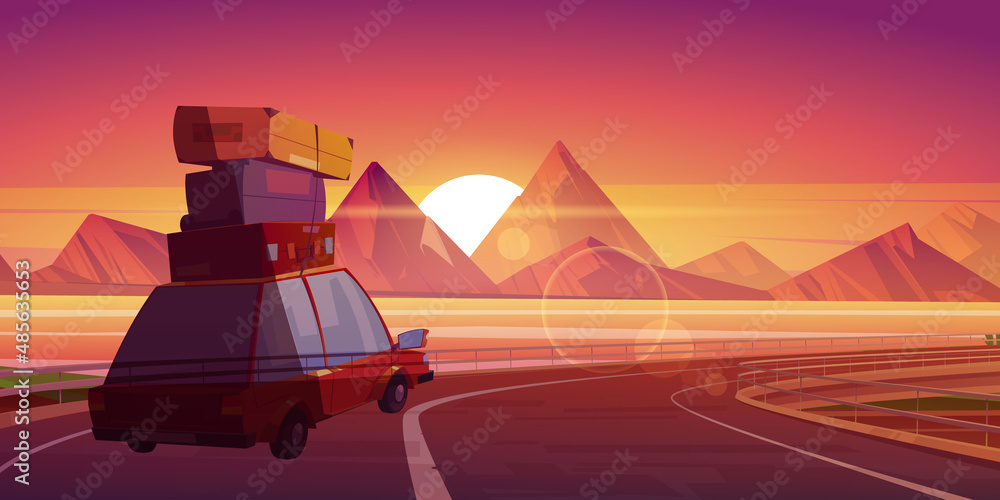 Fototapeta premium Car journey, summer travel, road trip at scenery sunset landscape with mountains and water bay. Automobile with bags on roof going at overpass highway for vacation holidays Cartoon vector illustration