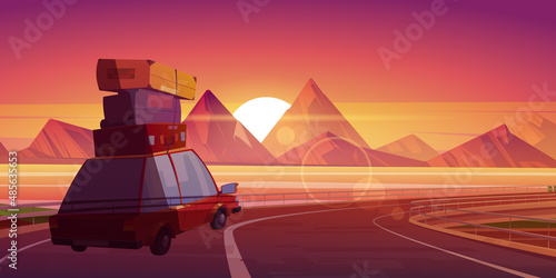Car journey, summer travel, road trip at scenery sunset landscape with mountains and water bay. Automobile with bags on roof going at overpass highway for vacation holidays Cartoon vector illustration