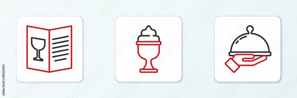 Set line Covered with tray of food, Restaurant cafe menu and Ice cream in bowl icon. Vector