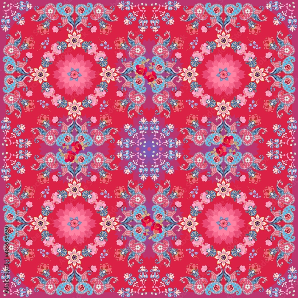 Various flowers and paisley on a bright shining crimson background in vector. A wonderful ornament for a carpet, shawl, tablecloth in the Indian style. Endless retro print for fabric. Various flowers and paisley on a bright shining crimson background in vector. A wonderful ornament for a carpet, shawl, tablecloth in the Indian style. Endless retro print for fabric.