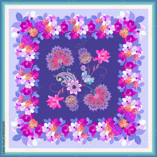 A fabulous arrangement of fancy flowers and paisley surrounded by a lush floral frame. Natural print in retro style for carpet  pillowcase  scarf  napkin. Vector design.