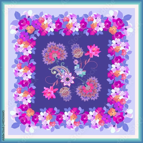 A fabulous arrangement of fancy flowers and paisley surrounded by a lush floral frame. Natural print in retro style for carpet, pillowcase, scarf, napkin. Vector design.